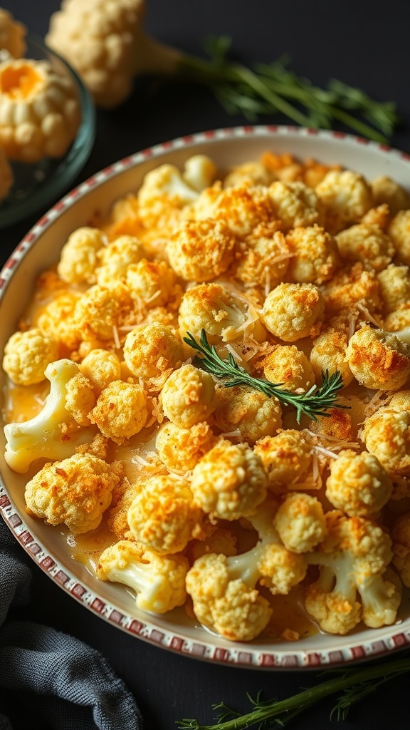 A creamy cauliflower bake in a dish, topped with crispy golden cheese.