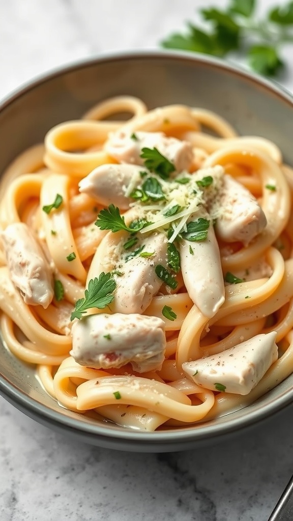 A bowl of creamy chicken Alfredo pasta topped with parsley and Parmesan cheese.