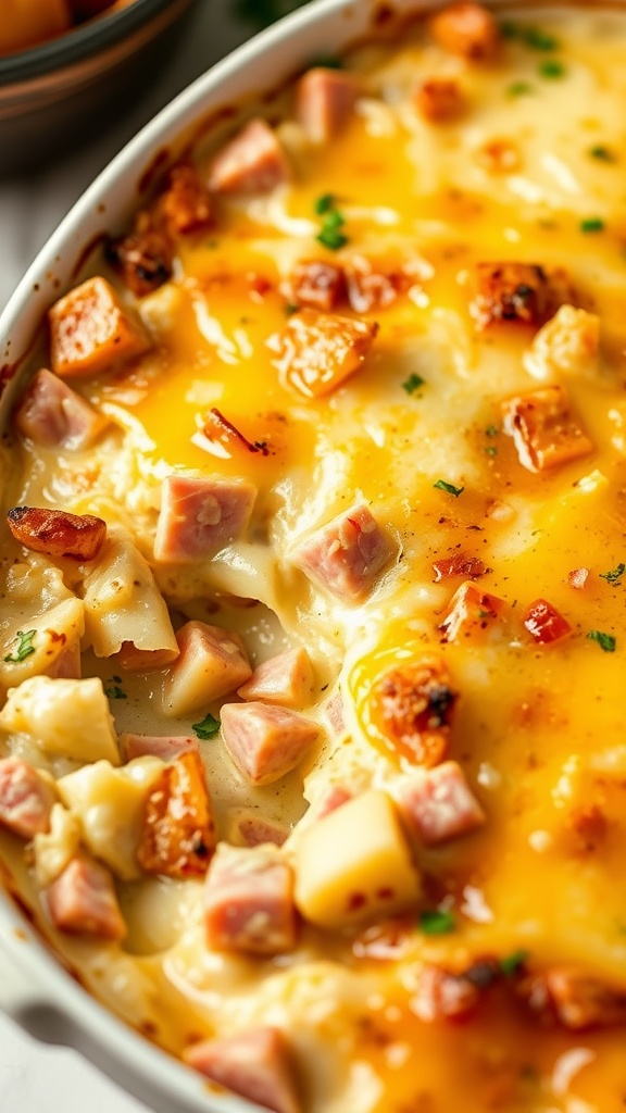 A creamy potato and ham bake with melted cheese on top, featuring chunks of ham and potatoes.