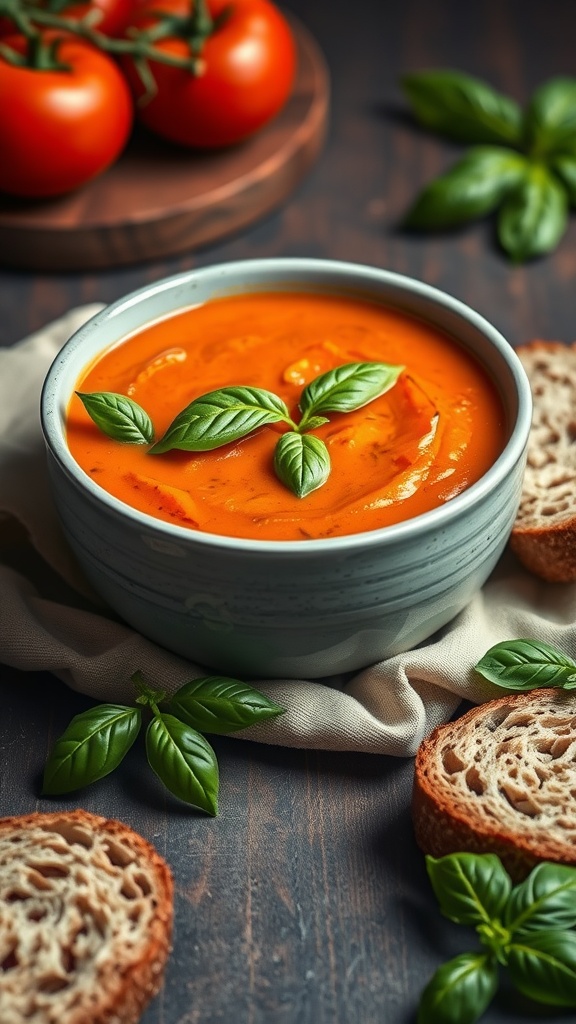 A bowl of creamy tomato basil soup garnished with fresh basil leaves, with tomatoes and bread slices in the background.