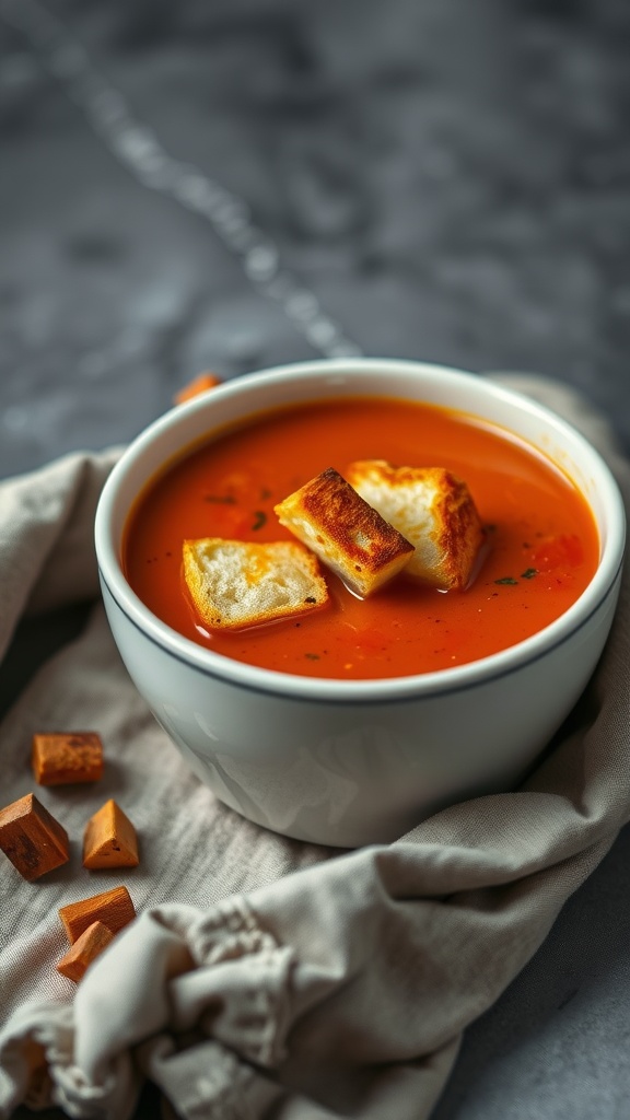 A bowl of creamy tomato soup topped with grilled cheese croutons, with a few cheese cubes beside it.