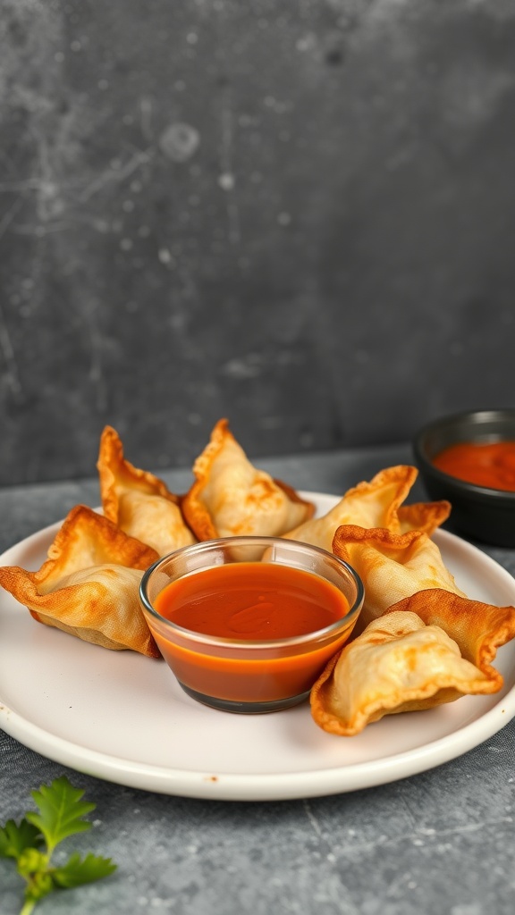 A plate of crispy chicken wontons with a side of dipping sauce.