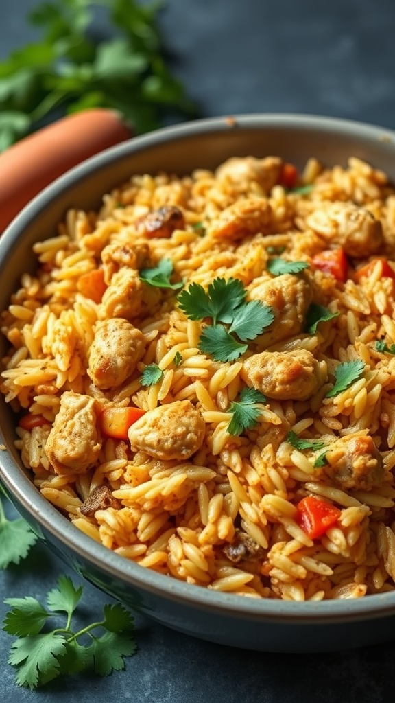 A close-up of a bowl of curried chicken and rice casserole garnished with cilantro.