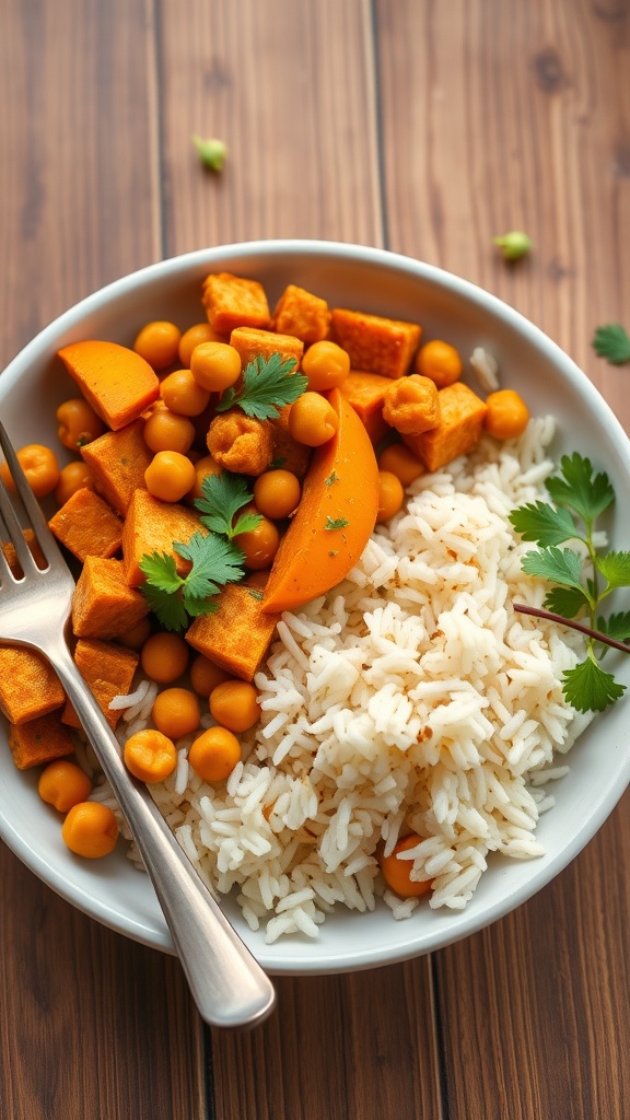 Bowl of curried sweet potato and chickpeas with rice and cilantro