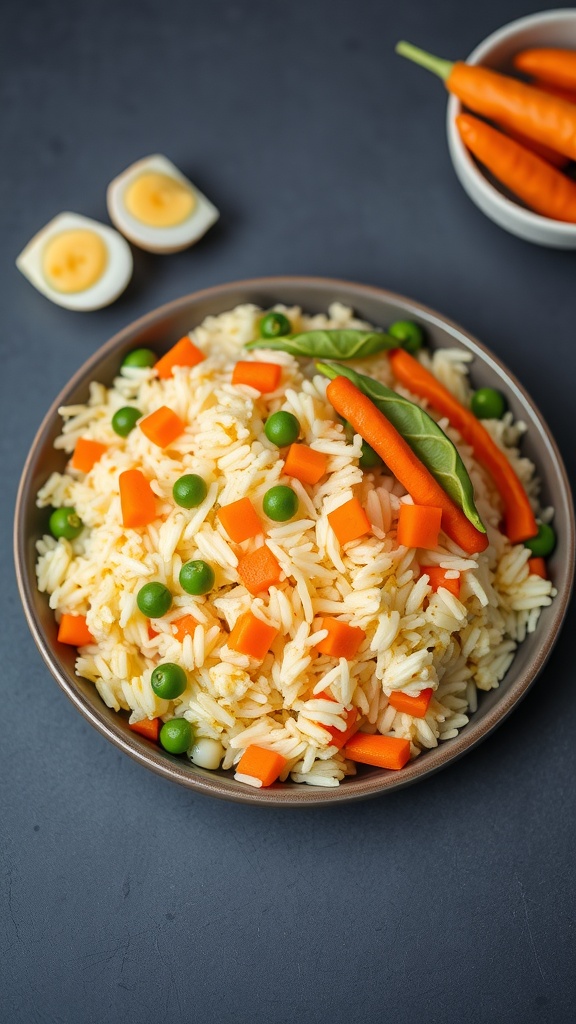 A plate of colorful egg fried rice with peas and carrots, garnished with fresh vegetables.