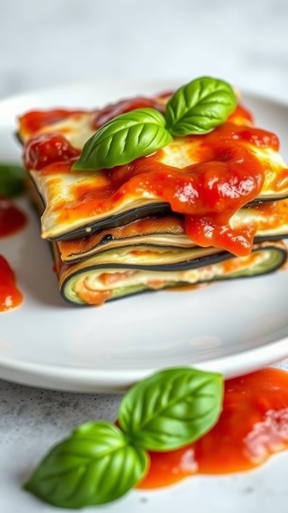 A serving of eggplant lasagna with ricotta and marinara sauce, garnished with fresh basil leaves.