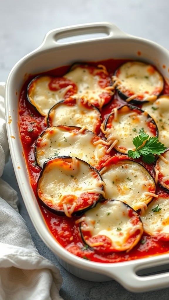 A casserole dish filled with layered eggplant, marinara sauce, and melted cheese, garnished with herbs.