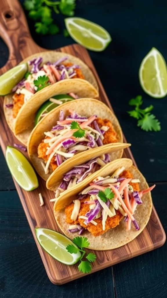 Three fish tacos with cabbage slaw on a wooden board, garnished with lime wedges and cilantro.