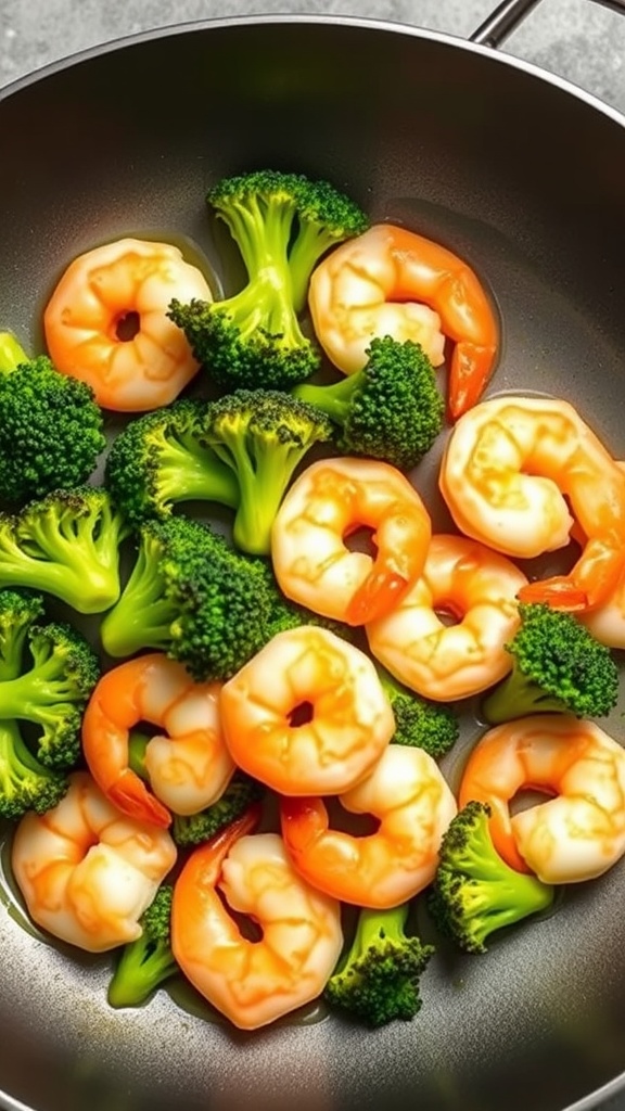 A skillet with shrimp and broccoli being sautéed, showcasing vibrant pink shrimp and green broccoli