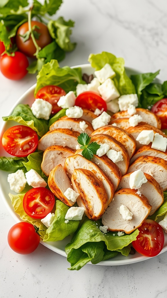 A plate of Greek salad with sliced grilled chicken, tomatoes, lettuce, and feta cheese.