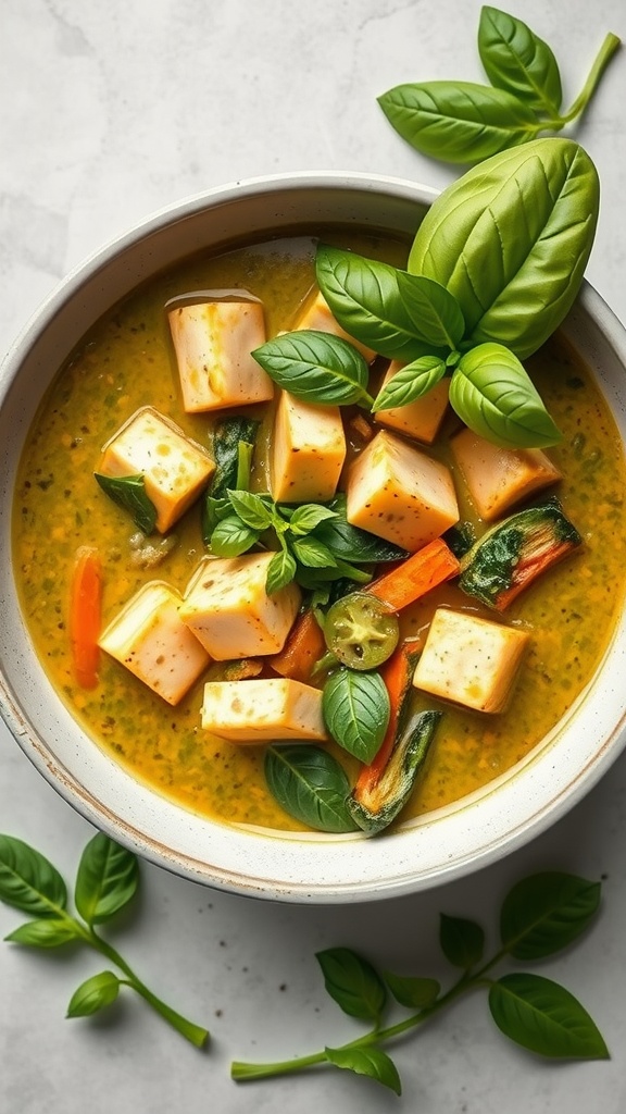 A bowl of green Thai curry with tofu, featuring vibrant vegetables and fresh basil leaves.