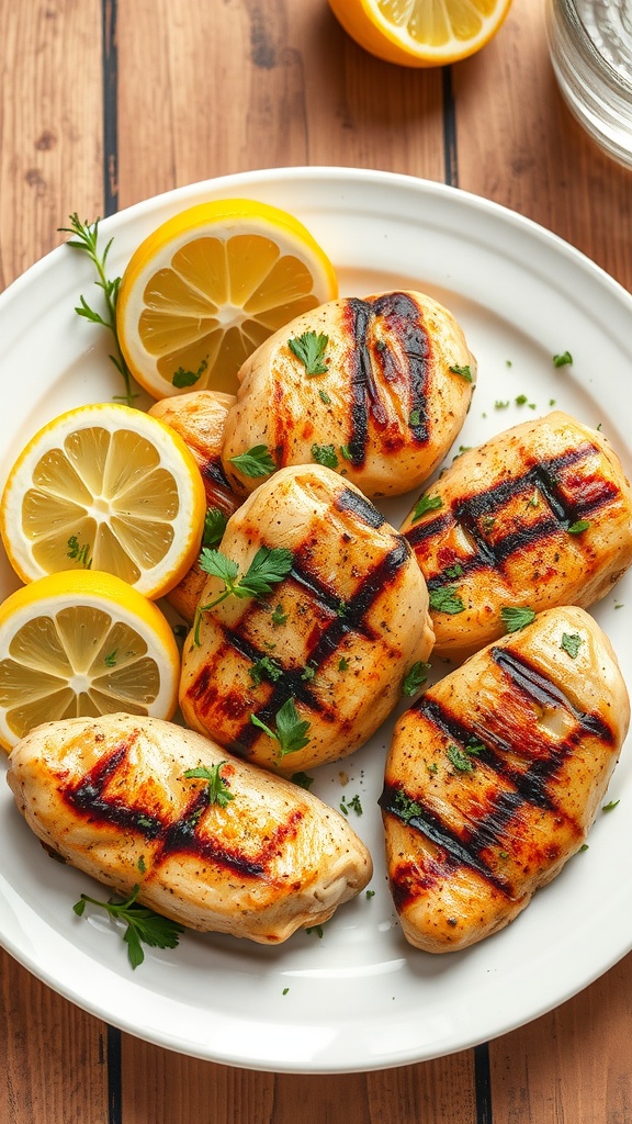 Grilled Lemon Herb Chicken served with lemon slices on a white plate