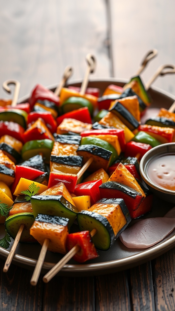 Plate of colorful grilled vegetable skewers with a variety of veggies arranged on skewers