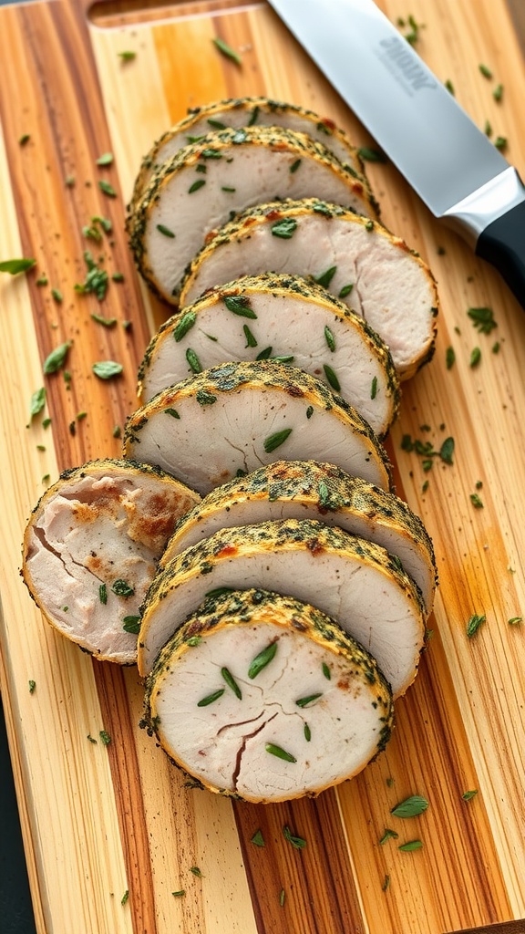 Sliced herb-crusted pork tenderloin on a wooden cutting board