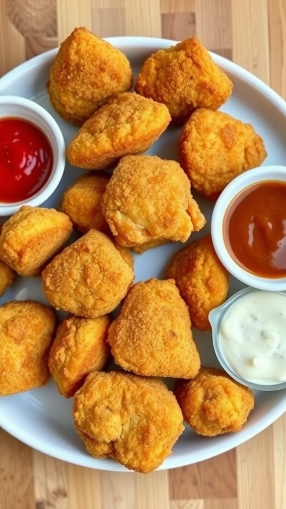 A plate of homemade chicken nuggets served with various dipping sauces.