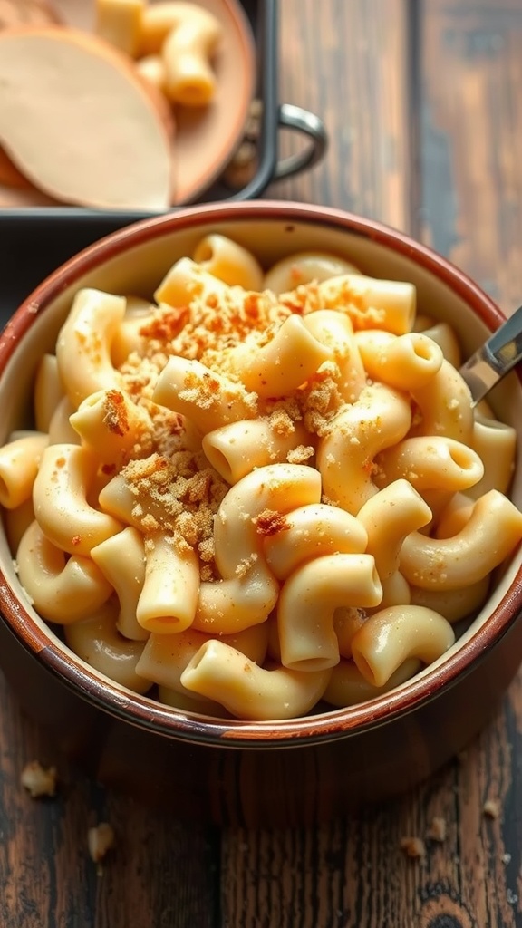 A bowl of creamy macaroni and cheese topped with breadcrumbs