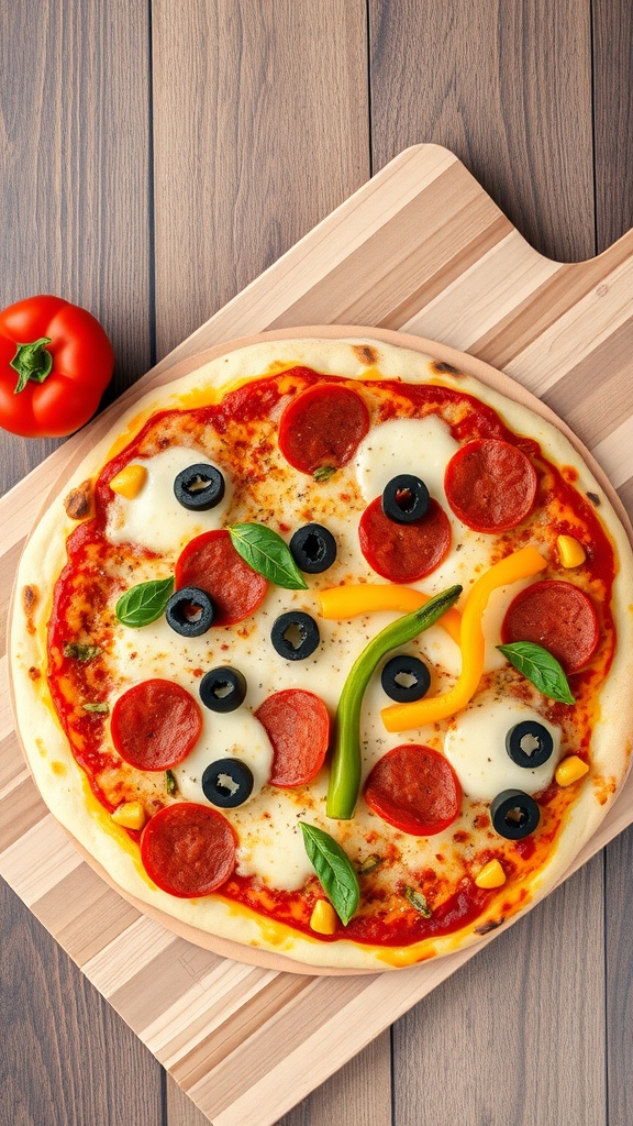 A homemade pizza topped with pepperoni, black olives, yellow and green bell peppers, and fresh basil on a wooden cutting board.