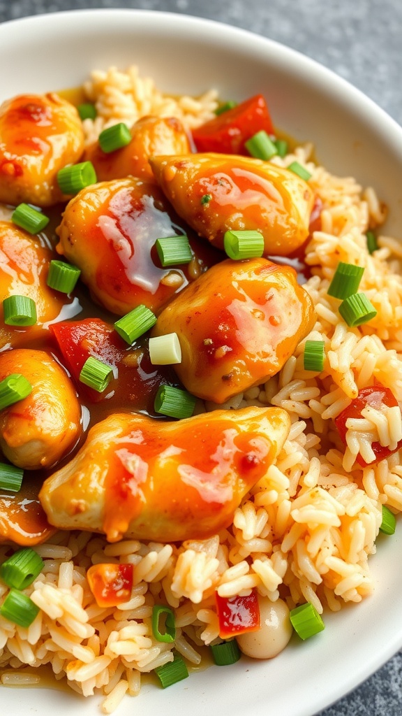 A delicious bowl of honey garlic chicken served over rice with colorful vegetables and green onion toppings.