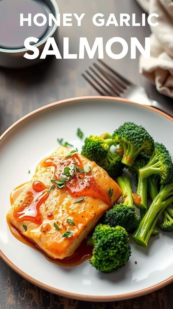 Plate of honey garlic salmon with broccoli on the side