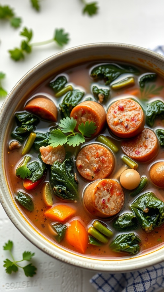 A bowl of Italian sausage and kale soup with slices of sausage, green kale, and colorful vegetables, garnished with cilantro.