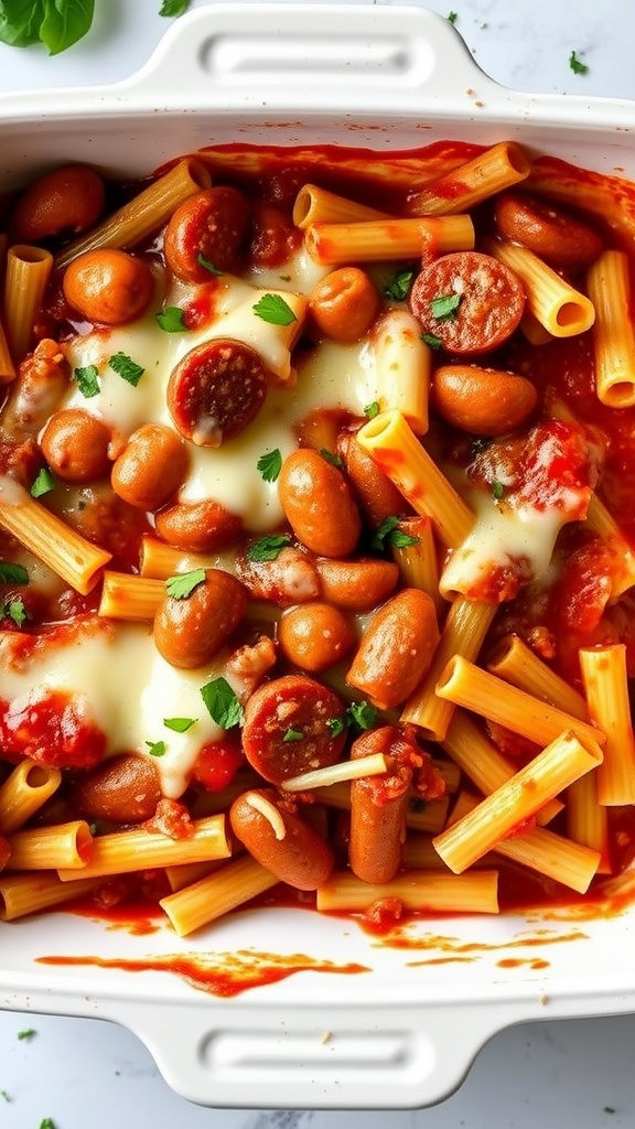 A delicious casserole with pasta, Italian sausage, beans, and melted cheese topped with fresh herbs.