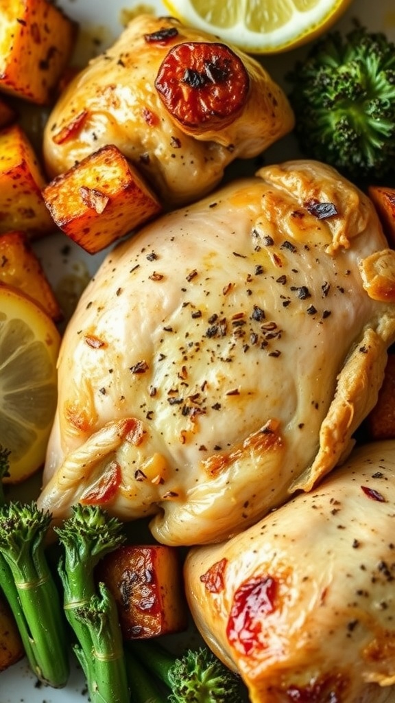 Plate of lemon garlic roasted chicken thighs with broccoli and roasted vegetables