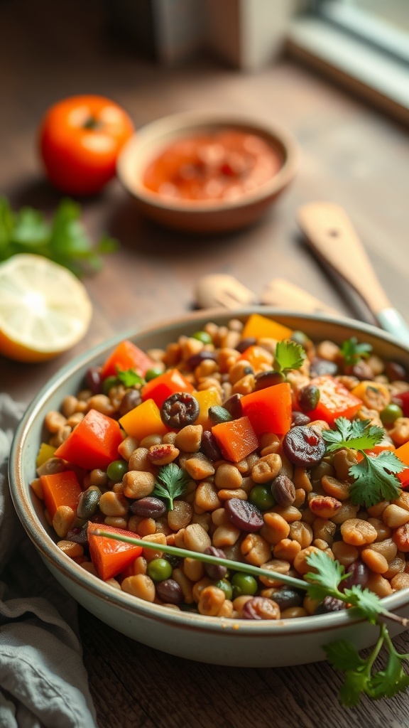 A colorful lentil and vegetable casserole in a bowl, garnished with fresh herbs.