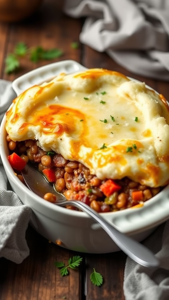 A close-up of a lentil and vegetable shepherd's pie in a white dish, featuring a creamy top layer and colorful vegetable filling.