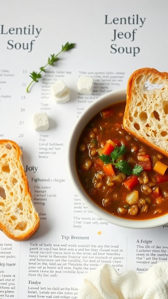 Bowl of lentil soup with crusty bread on a table with recipe papers