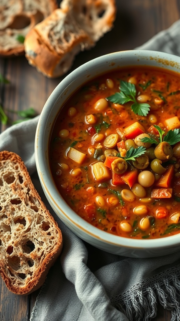 A bowl of lentil soup with vegetables next to a slice of bread on a wooden table.