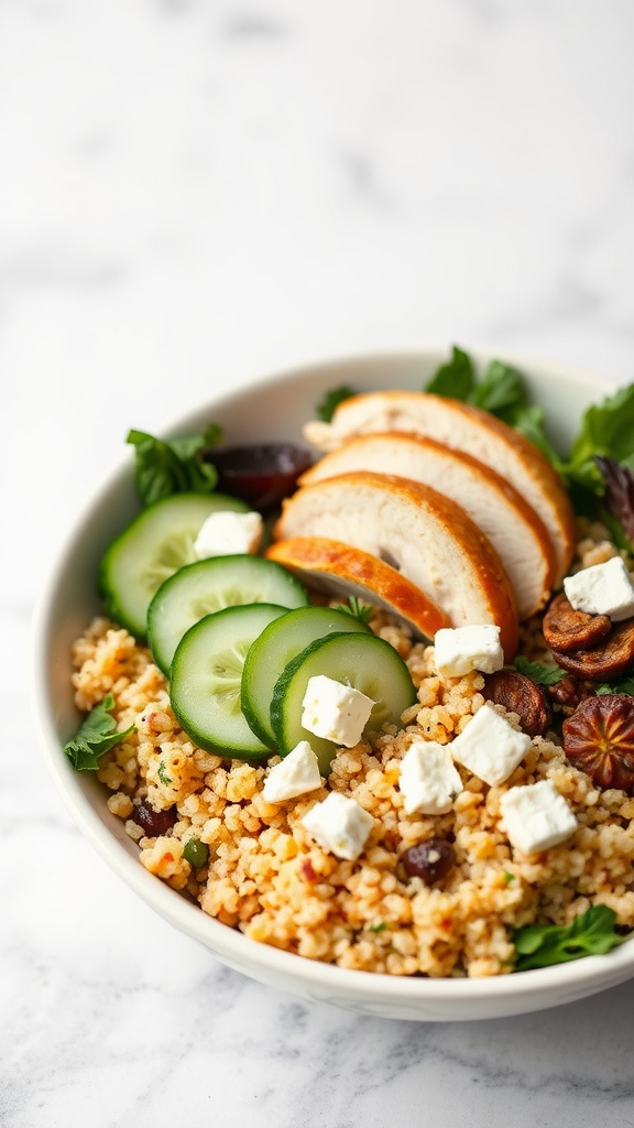 A bowl of Mediterranean Chicken Grain Bowl with grains, sliced cucumber, and rotisserie chicken
