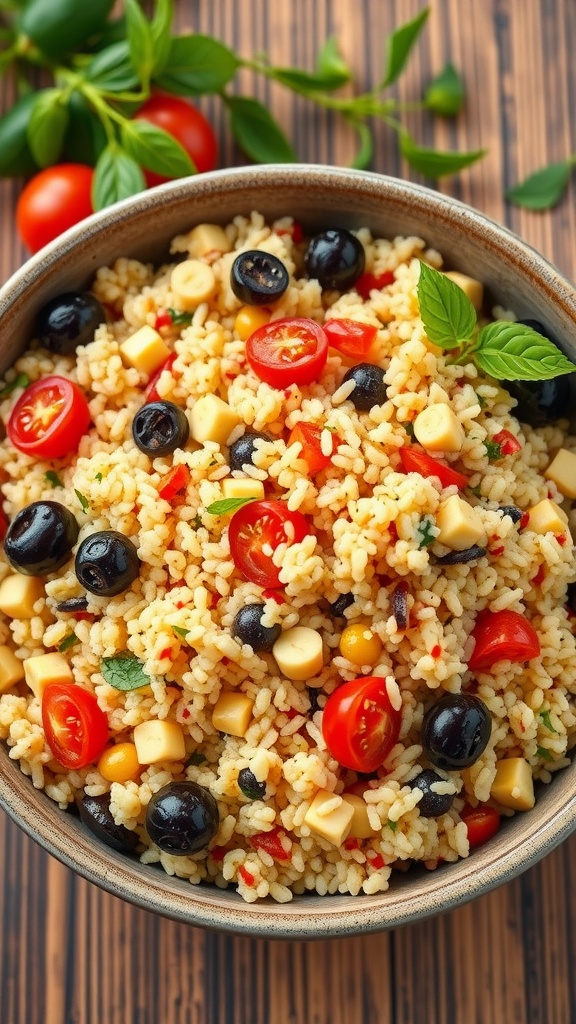 A bowl of Mediterranean Couscous Salad with cherry tomatoes, black olives, and herbs.