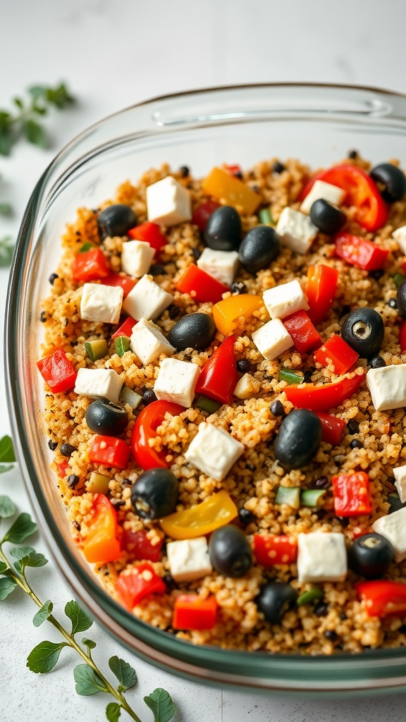 A casserole dish filled with quinoa, bell peppers, black olives, and feta cheese, ready to be baked.