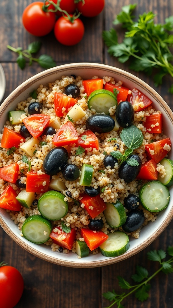 A bowl of colorful Mediterranean quinoa salad with tomatoes, cucumbers, and black olives.