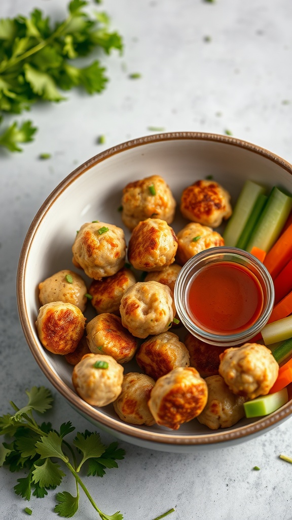 A bowl of mini chicken meatballs with a dipping sauce and fresh vegetable sticks