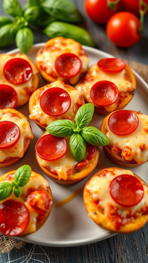 A plate of mini pizza muffins topped with pepperoni and fresh basil, surrounded by cherry tomatoes and basil leaves.