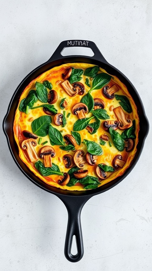 Mushroom and Spinach Frittata in a skillet