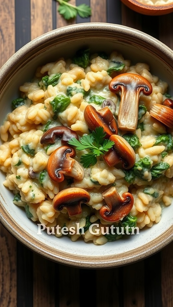 A bowl of Mushroom and Spinach Risotto topped with sautéed mushrooms and fresh parsley.