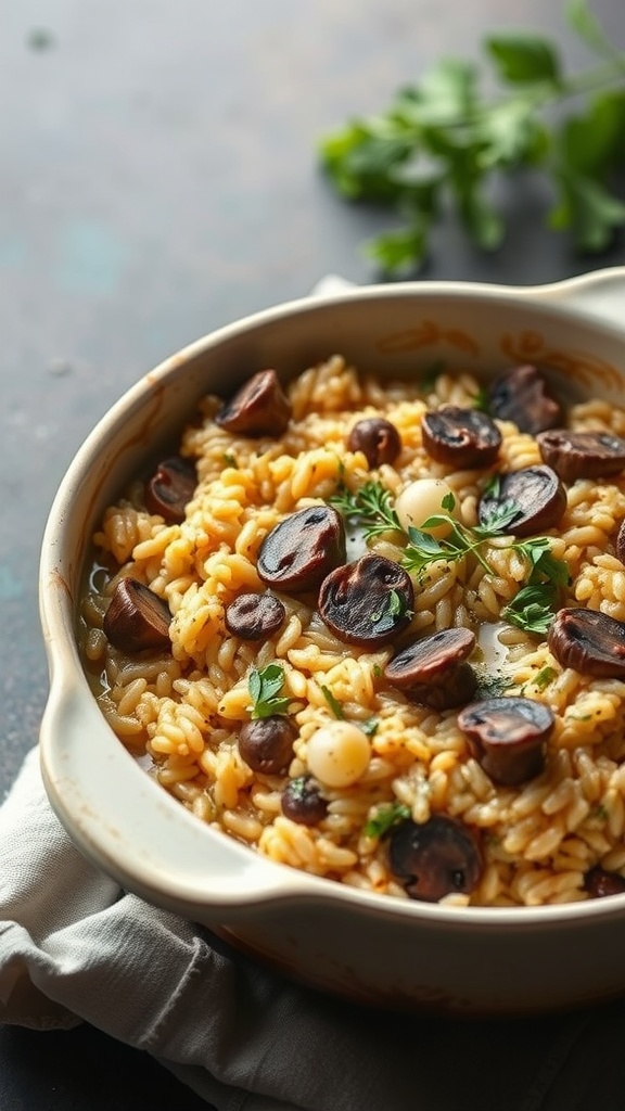 A creamy Mushroom Risotto Bake with mushrooms and herbs in a dish on a cloth