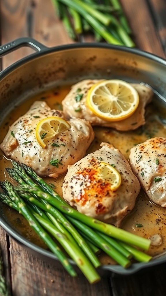 A pan filled with lemon garlic chicken thighs and asparagus, garnished with lemon slices.