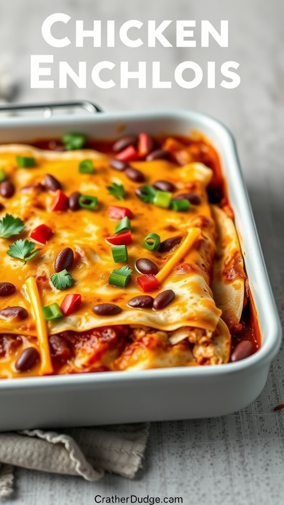 A delicious chicken enchilada casserole topped with cheese, green onions, and red peppers in a baking dish.