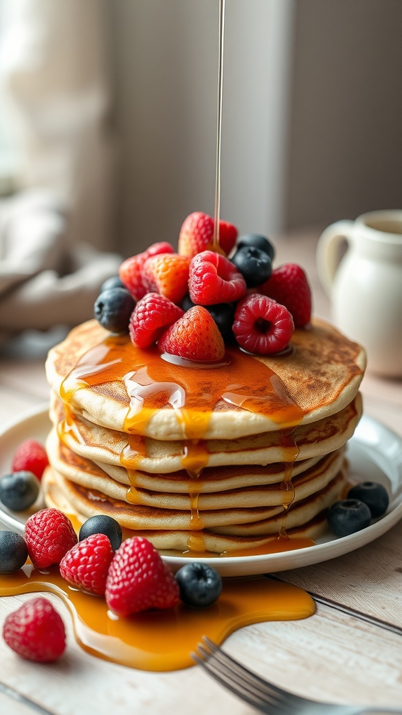 A stack of pancakes topped with fresh berries and syrup