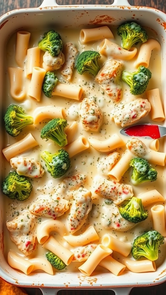 A delicious Pasta Alfredo Bake with Chicken, featuring pasta, broccoli, and creamy sauce in a baking dish.