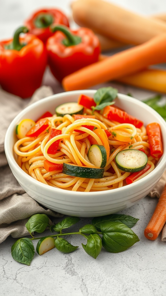 A bowl of Pasta Primavera featuring spaghetti and assorted colorful vegetables like bell peppers, zucchini, and carrots, with fresh basil leaves.