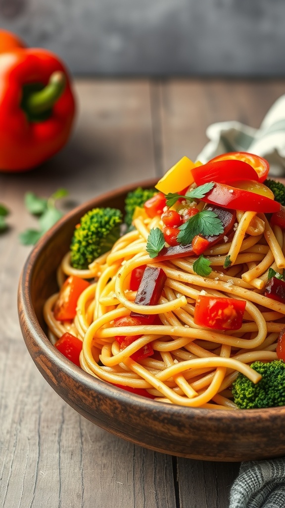 A bowl of pasta primavera with colorful bell peppers, broccoli, and parsley on a wooden table.