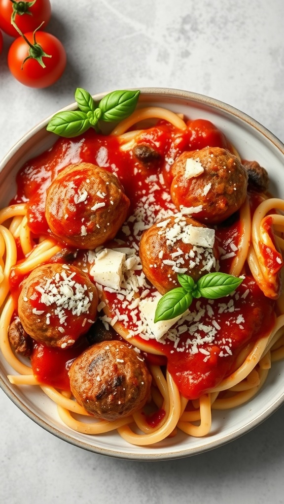 A delicious bowl of spaghetti topped with meatballs and marinara sauce, garnished with fresh basil and cheese.