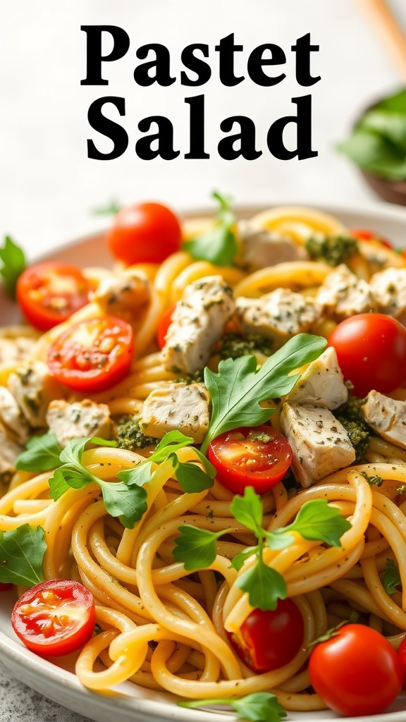 A plate of pasta salad with rotisserie chicken, cherry tomatoes, and pesto.