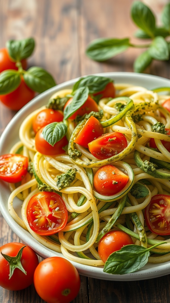 A vibrant plate of Pesto Zoodle Salad with Cherry Tomatoes, featuring spiralized zucchini noodles, halved cherry tomatoes, pesto, and fresh basil.