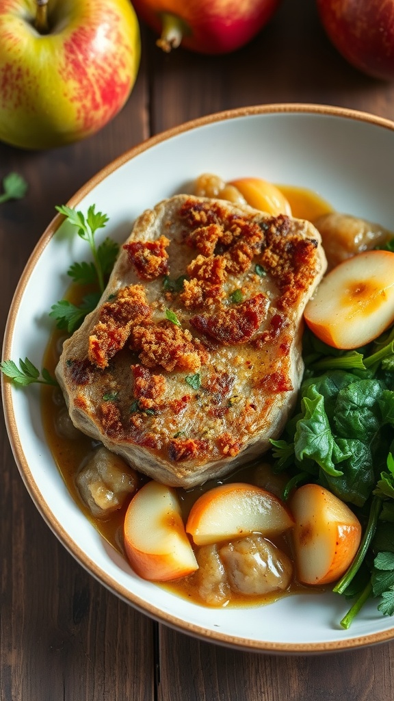 A delicious serving of pork chops with applesauce, garnished with fresh greens and surrounded by apples.