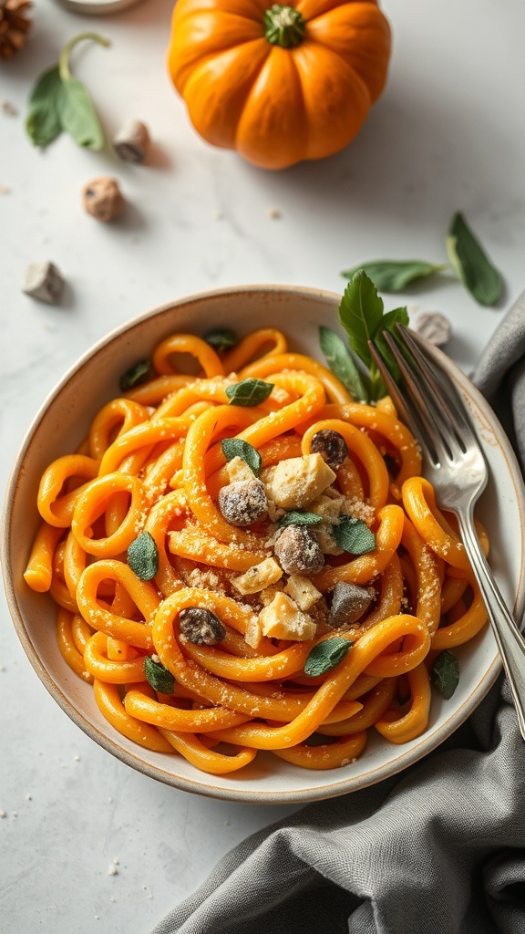 A bowl of pumpkin and sage pasta garnished with mint leaves and nuts, with a small pumpkin in the background.